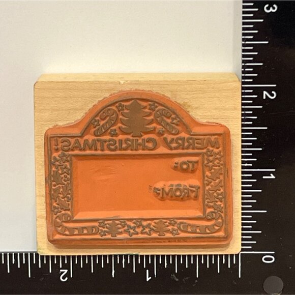 Vintage Merry Christmas Gift Tag Wood mounted Rubber Stamp 1989 PSX E-317 - Picture 2 of 3